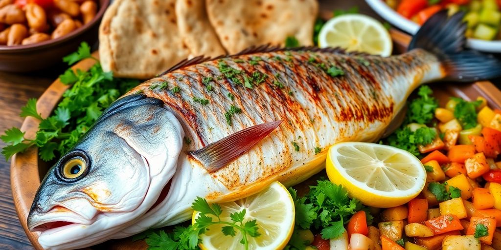 Grilled Masgouf fish on a wooden platter with herbs.