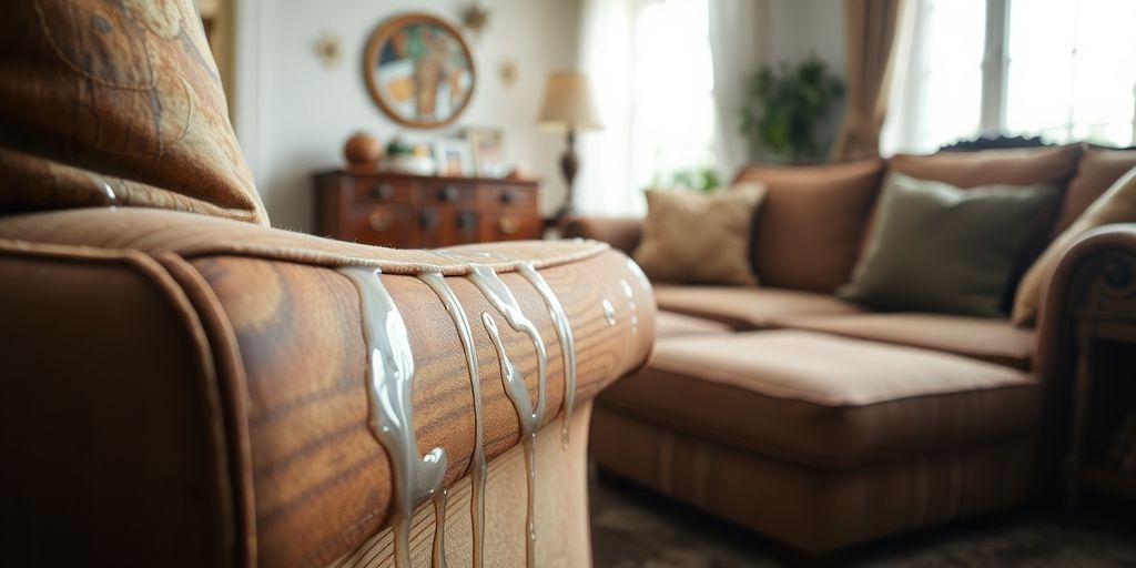 Water-damaged furniture in a home environment.