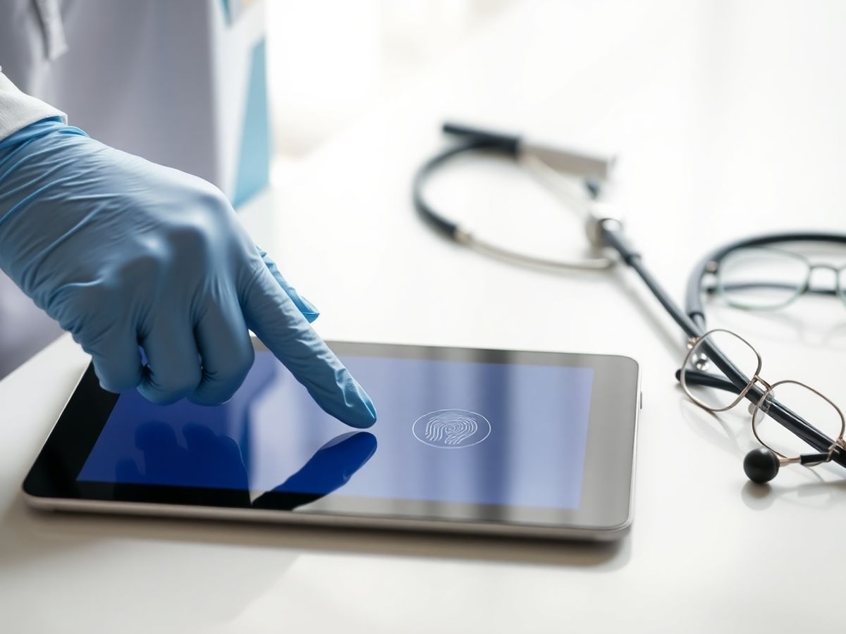Mână cu mănușă medicală pe tabletă lângă stetoscop și ochelari