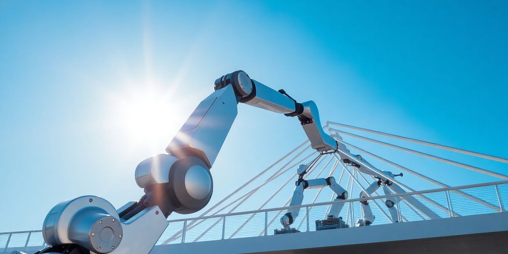 Robots building bridges under a blue sky.
