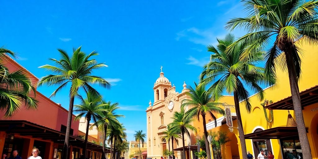 Historic church and vibrant street in San Jose del Cabo.