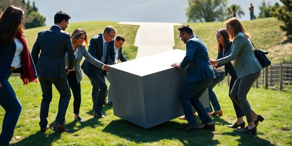 People pushing large block uphill, new path ahead.