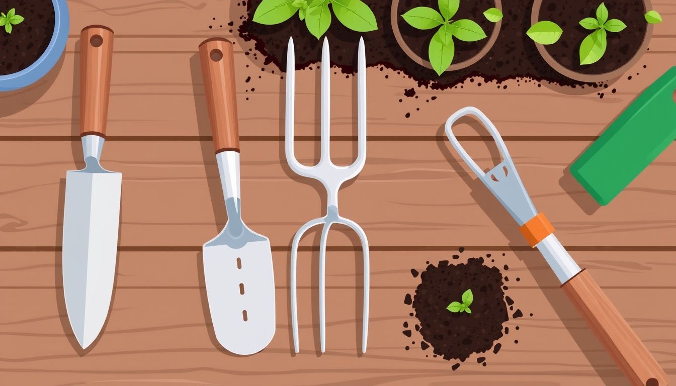 Essential gardening tools on a wooden table.