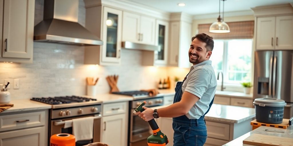 A remodeler at work in a renovated kitchen.