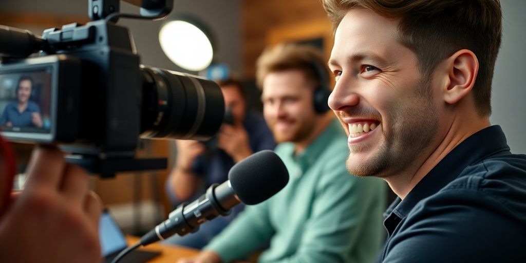 Podcast host filming behind the scenes.