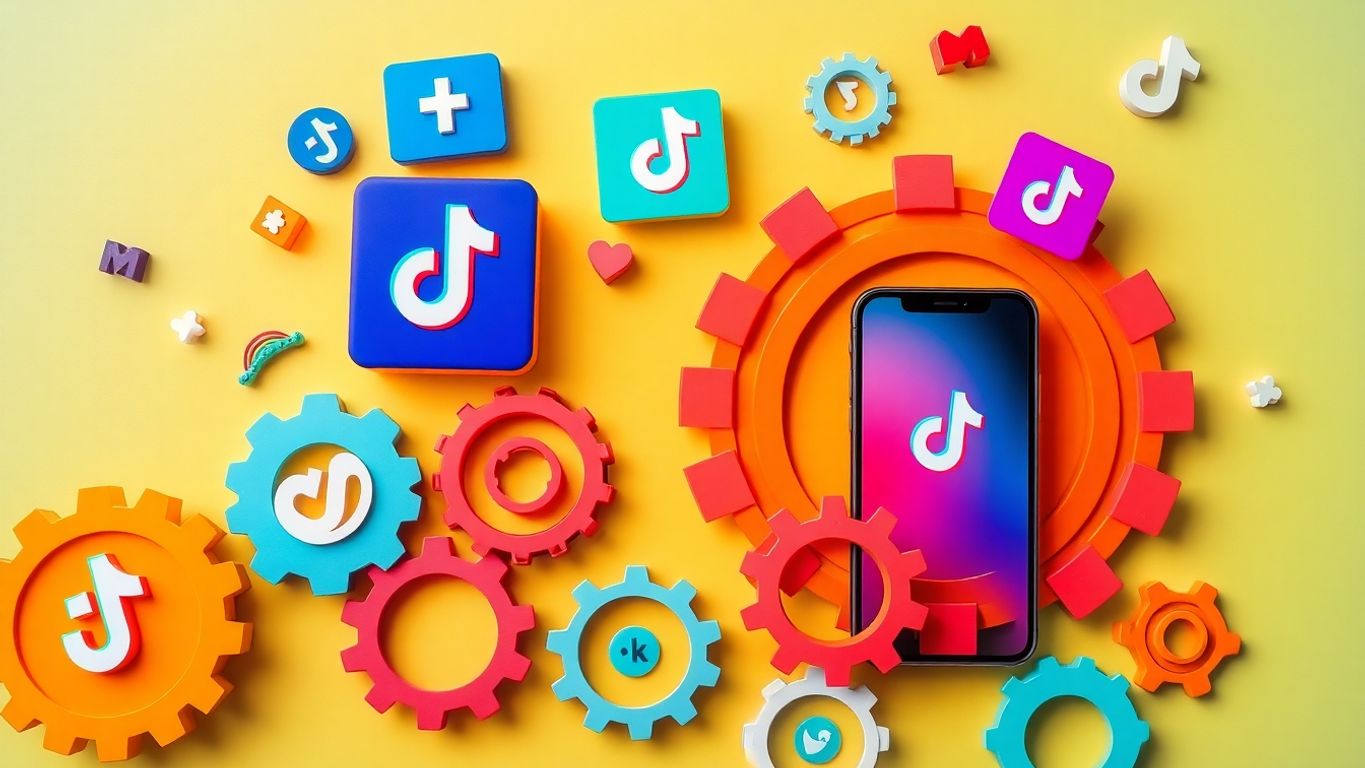 Collage of TikTok icons and automation gears.