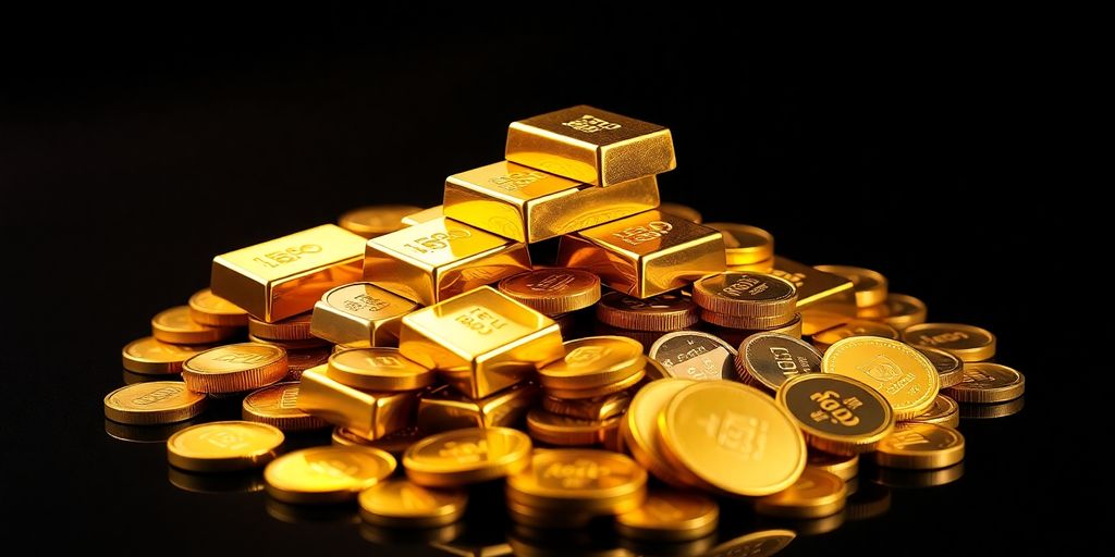 Des lingots d'or brillants sur un fond sombre.