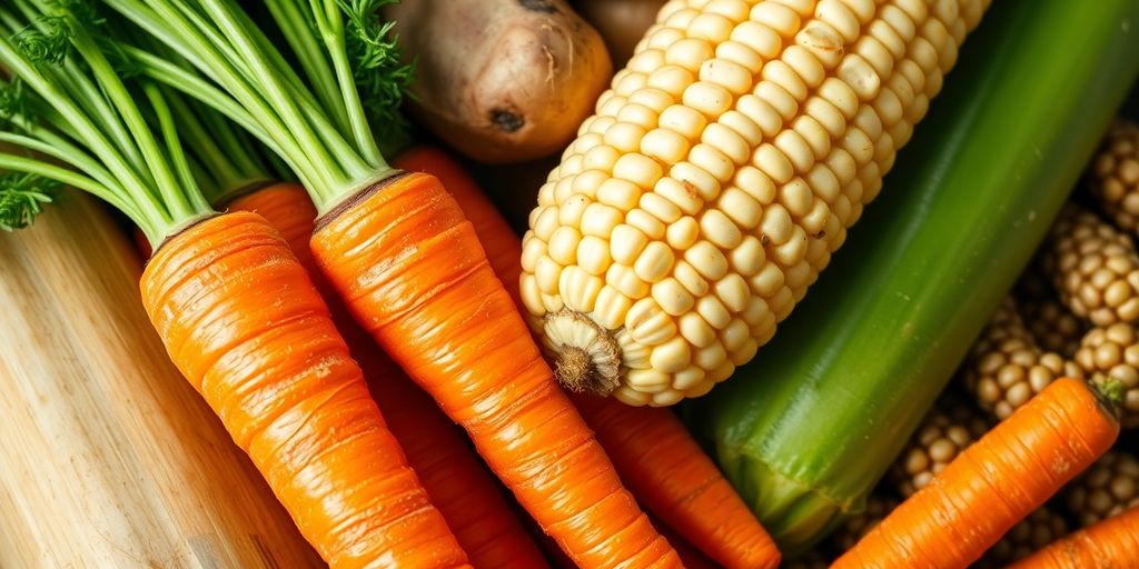 Fresh carrots next to starchy vegetables on a table.