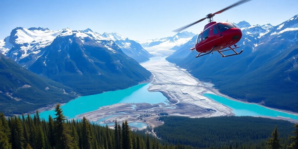A red helicopter flies over a snowy Alaskan mountain range.