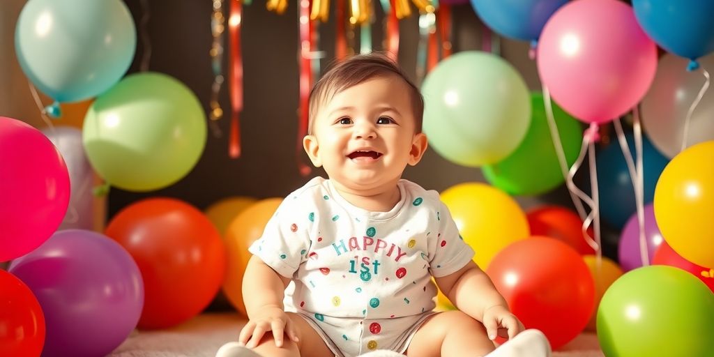 Happy baby with balloons at a Dallas first birthday party.