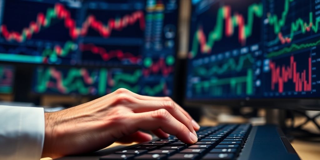 Trader observing market trends on multiple screens.