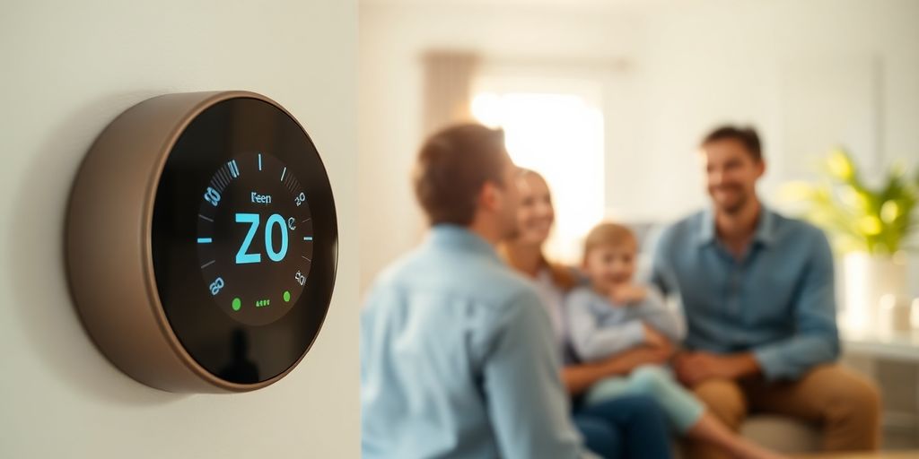 Smart thermostat on wall, family in background.