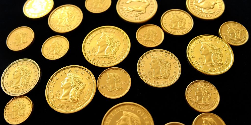 Pièces de Napoléon en or sur un fond sombre.