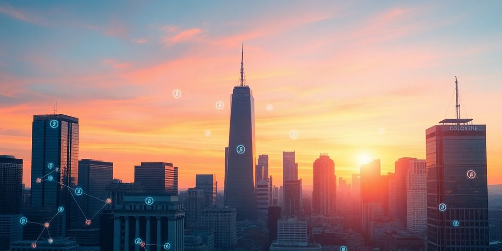 City skyline with blockchain symbols and traditional banks at dusk.