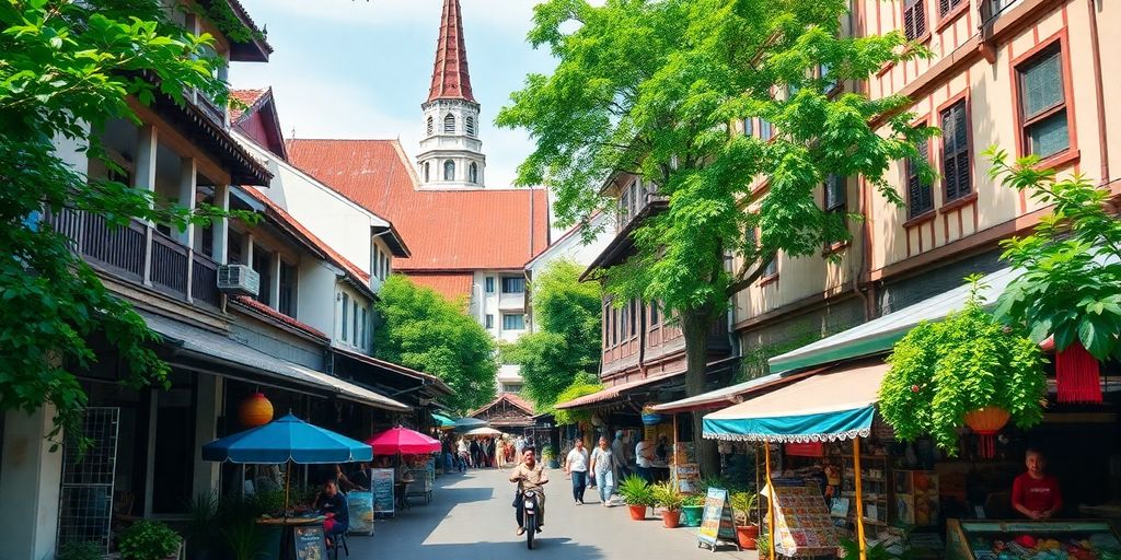 Bangkok's Old Town with traditional buildings and lively atmosphere.