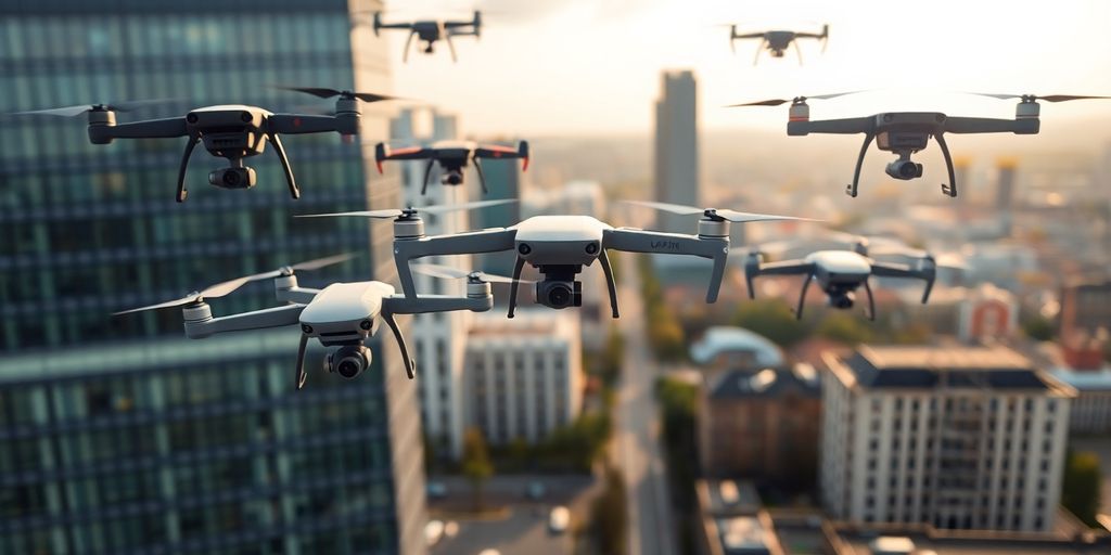 Vue aérienne de drones volant au-dessus d'une ville.