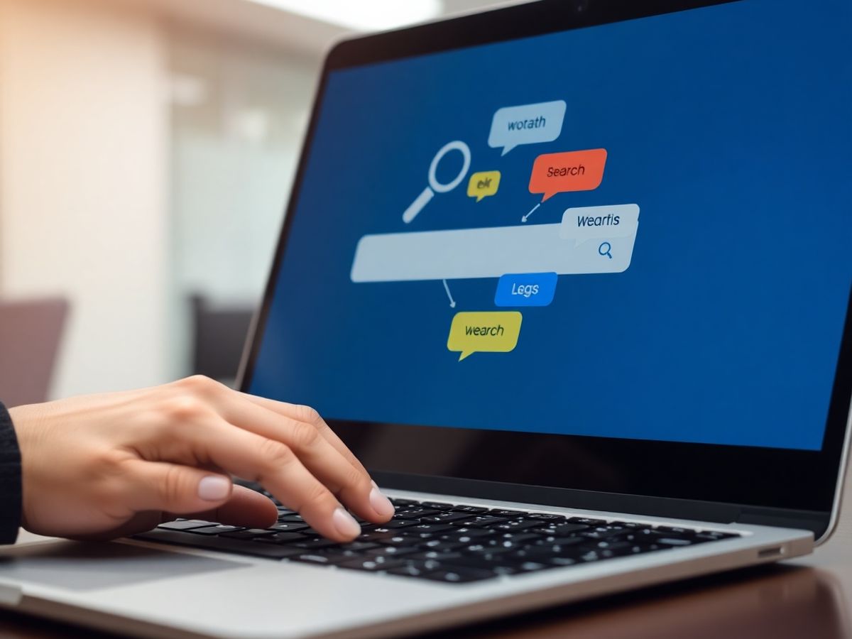 Wilk morski wybierający słowa kluczowe na laptopie