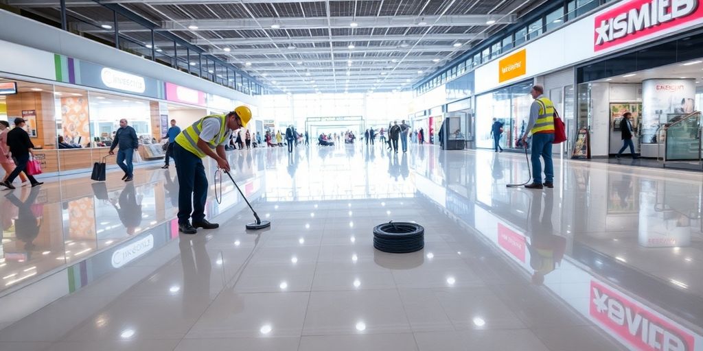 Workers applying UV coating to a floor.