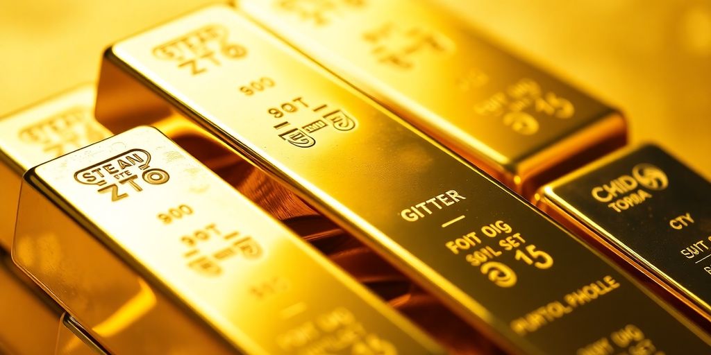 Barres d'or brillantes empilées sur un fond flou.