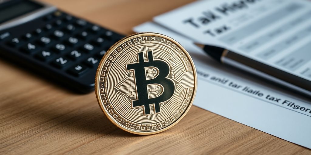 Close-up of a crypto coin with tax forms and calculator.