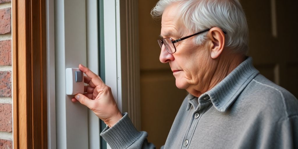 Elderly person checking a home door sensor.