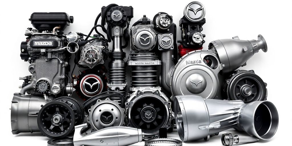 Mazda car parts laid out neatly.