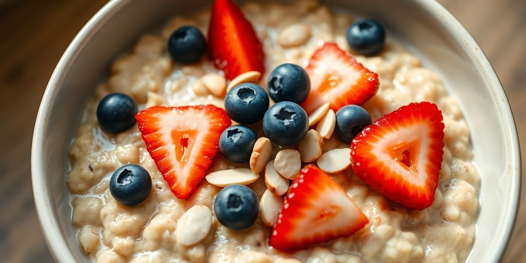 Bowl of oatmeal, berries, and nuts.