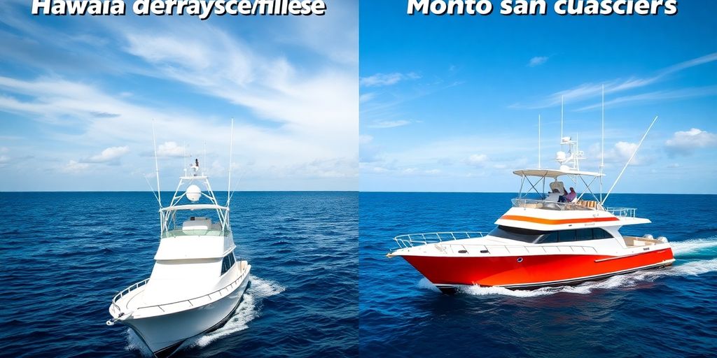 Two fishing boats on clear blue water, one large yacht, one smaller charter.