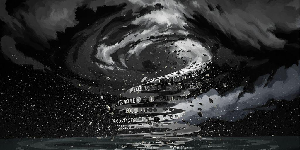 Digital coins falling in a financial storm.