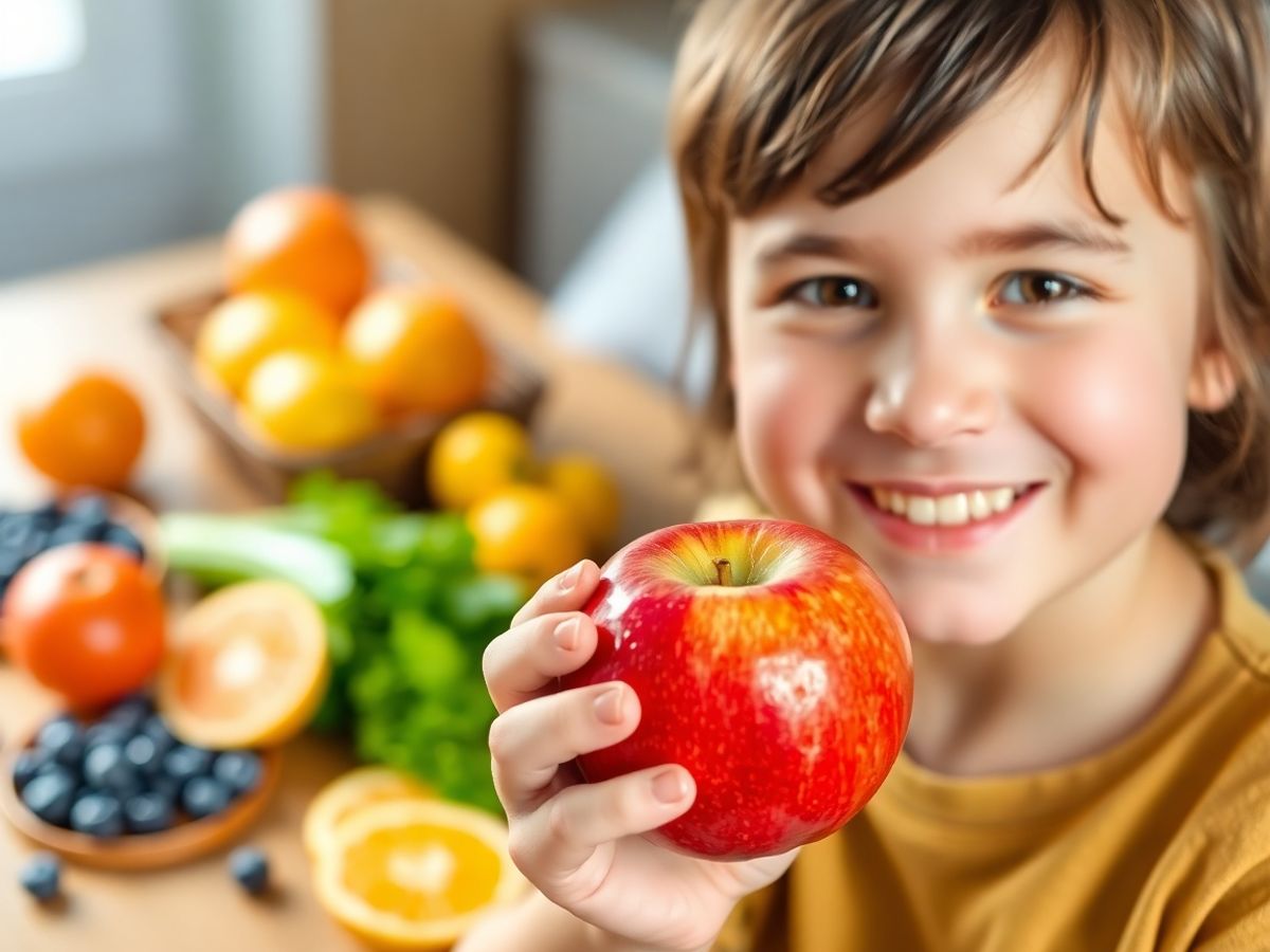 Copil zâmbitor ținând un măr roșu, lângă fructe proaspete.