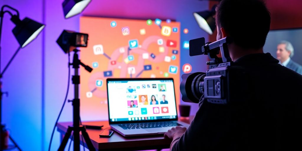 Dynamic video marketing setup with camera and colorful visuals.