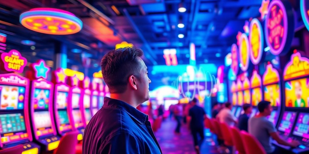 Casino scene with players, slot machines, and vibrant lights.