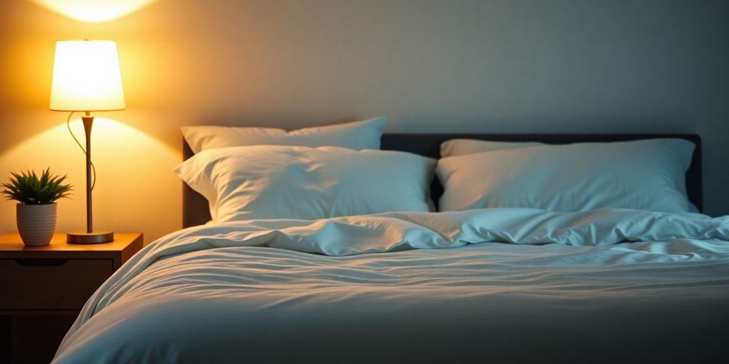 Cozy bedroom with soft lighting and comfortable bed.