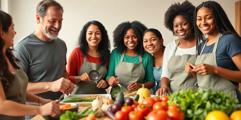 Diverse group cooking healthy meals for diabetes management.