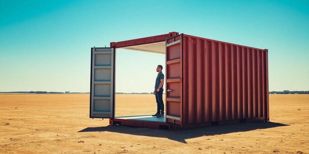 Shipping container with open doors and a person inside.