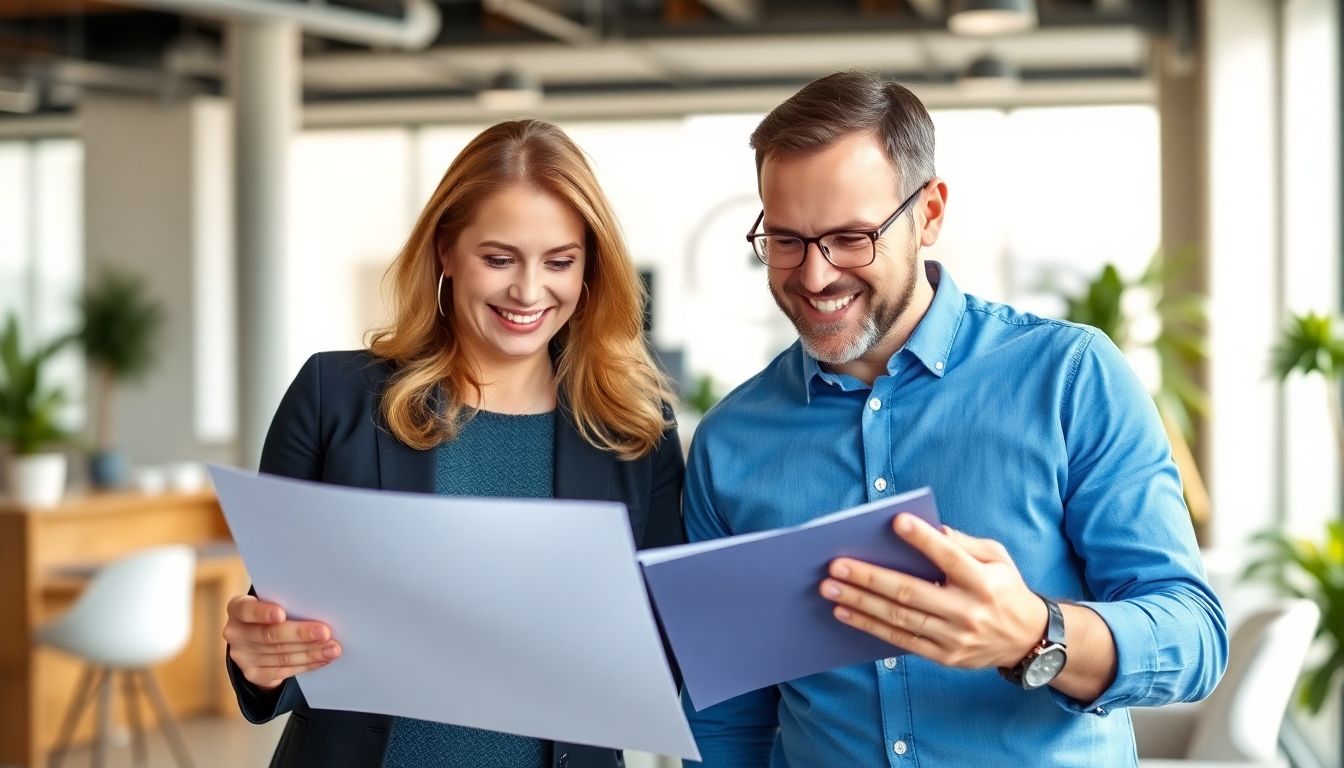 Two people smiling while reviewing documents in an office.