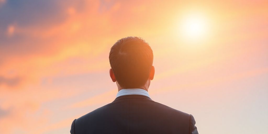 A person looking towards a bright horizon.