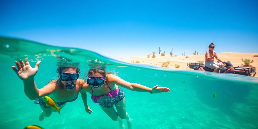 Tourists snorkeling, desert ATV, Cabo San Lucas.