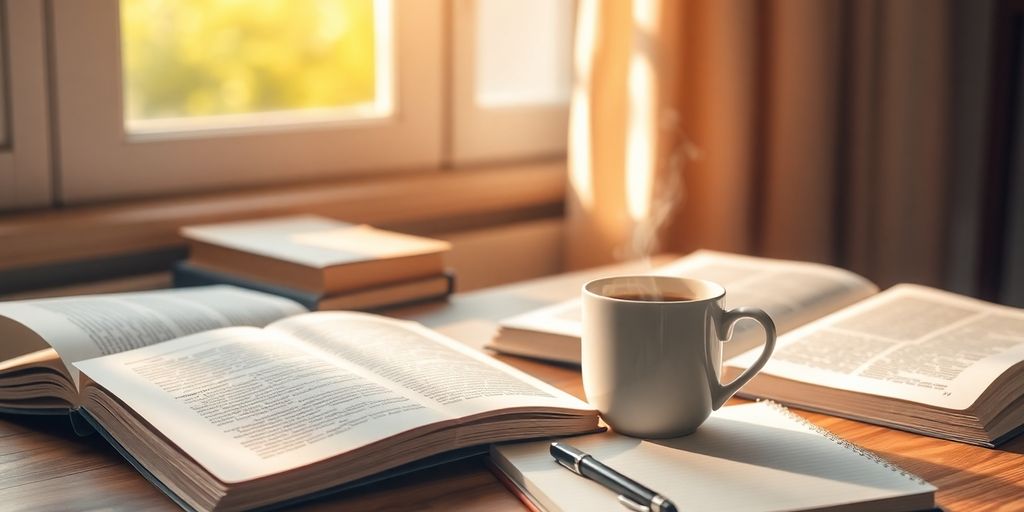 Cozy morning study space with sunlight and books.