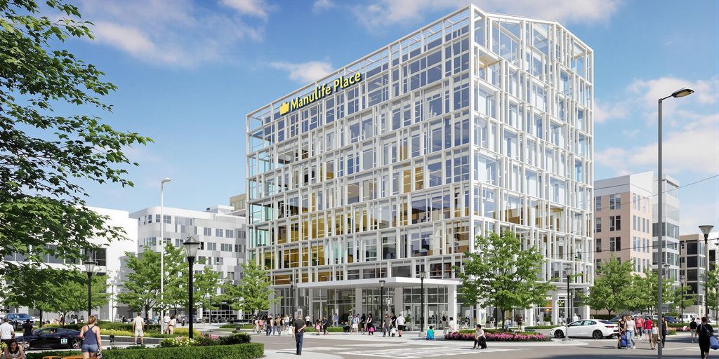 Manulife Place Edmonton with people and modern architecture.