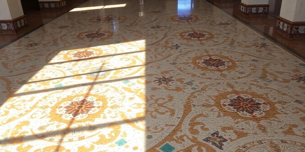 Restored terrazzo floor with intricate patterns and colors.