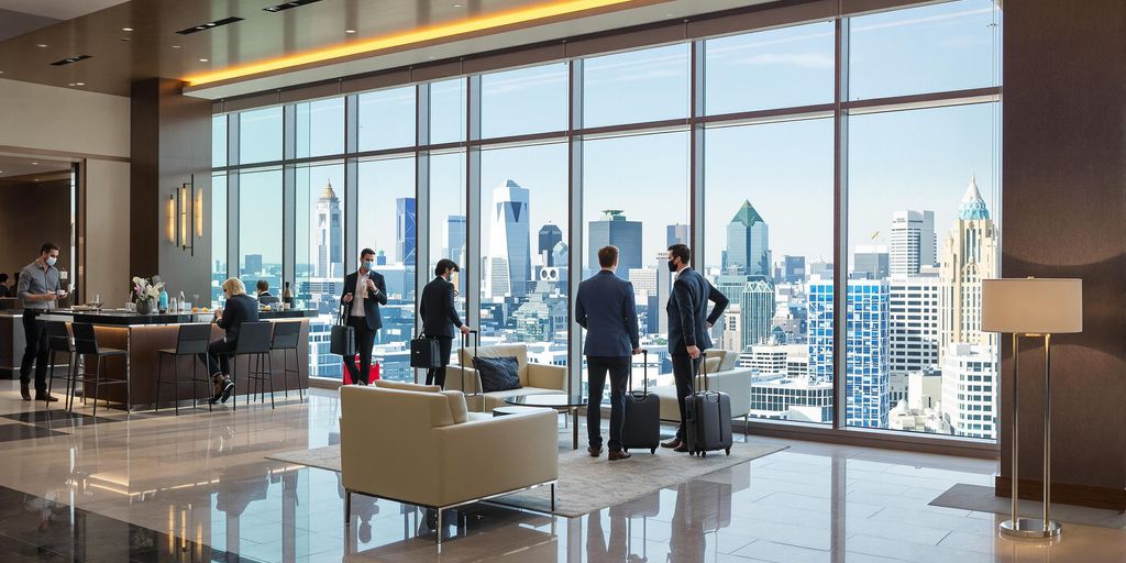 Business travelers in a modern hotel lobby.