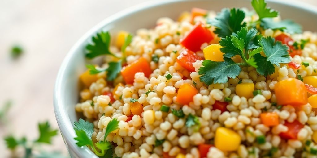 Quinoa in bowl with fresh vegetables and herbs.