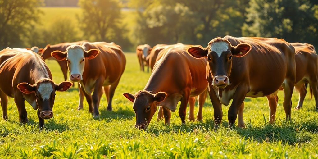 Healthy grain-fed cows grazing in a lush pasture.