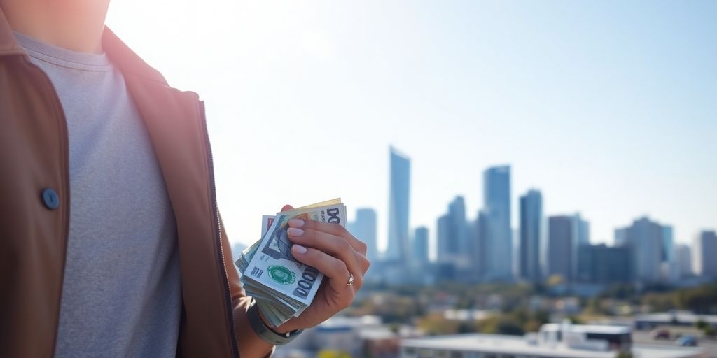 Person holding money, looking at city skyline.