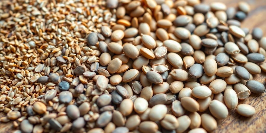 Various seeds on a wooden surface for stress relief.