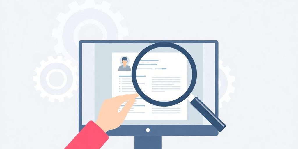 Person, computer, resume, gears, magnifying glass