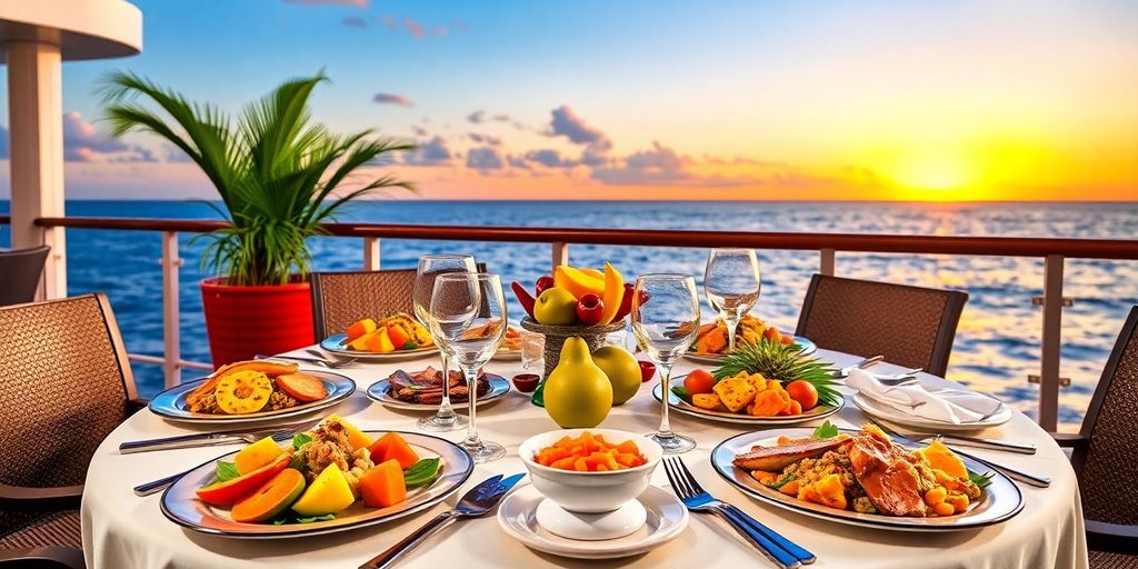 Elegant dining setup with Polynesian dishes on cruise.