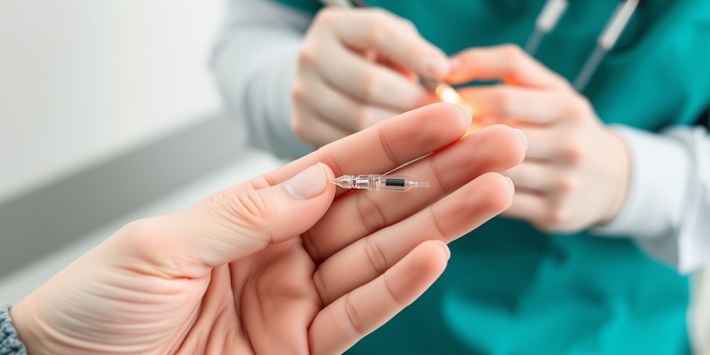 Hormonal implant device in woman's hand