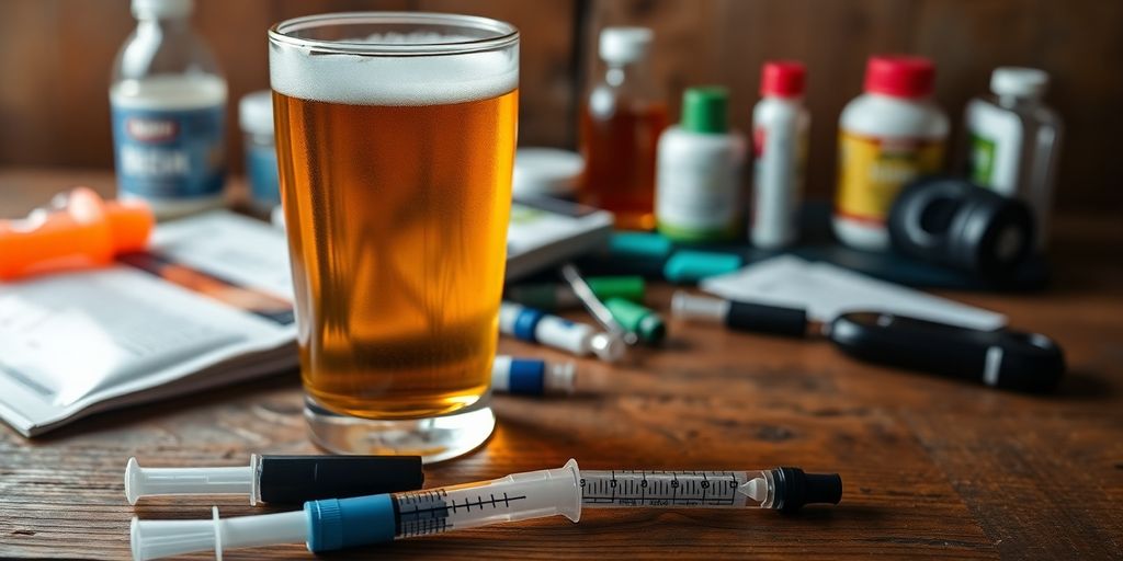 Beer and insulin pen on a wooden table.